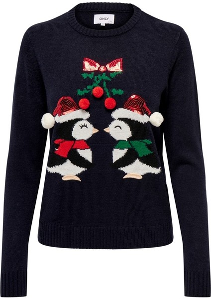 Penguen Desenli Kadın Kazak - Uzun Kol - Günlük Şık fırsatları