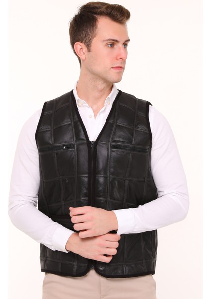 Erkek Siyah Içi Kürk Detaylı Hakiki Deri Yelek