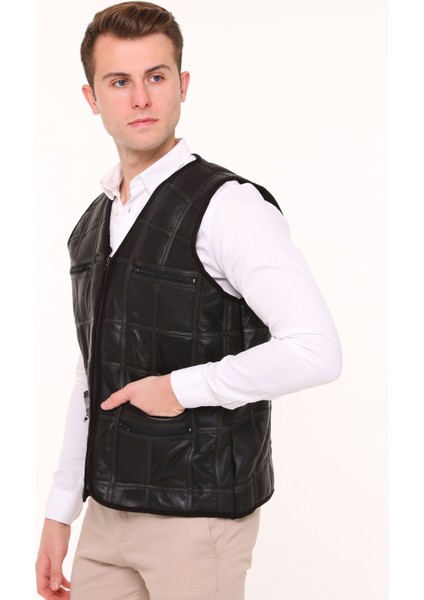 Erkek Siyah Içi Kürk Detaylı Hakiki Deri Yelek fiyatları