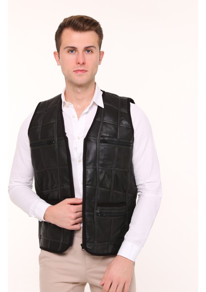 Erkek Siyah Içi Kürk Detaylı Hakiki Deri Yelek modelleri