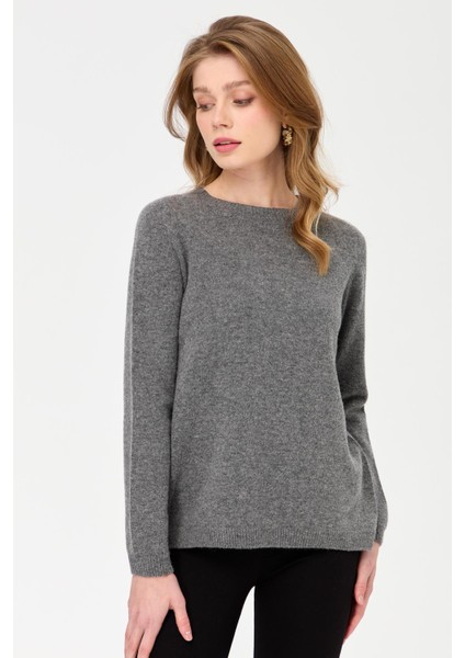 Kadın Sıfır Yaka Klasik Yün Kazak Füme