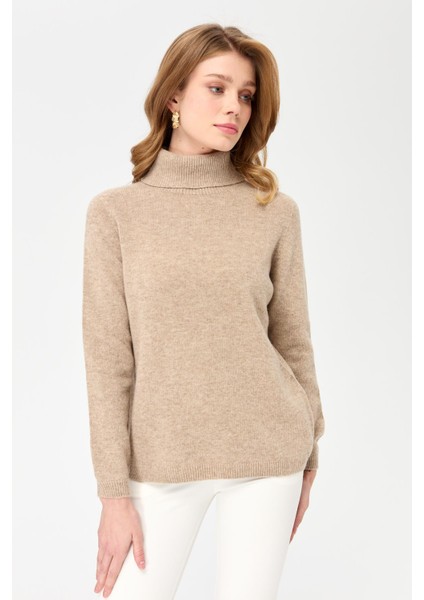 Kadın Tam Balıkçı Yaka Klasik Yün Kazak K.Bej