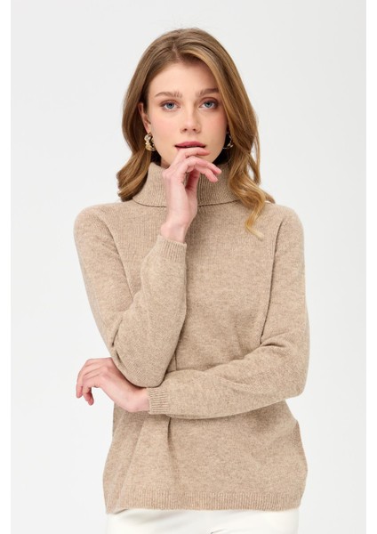 Kadın Tam Balıkçı Yaka Klasik Yün Kazak K.Bej fiyatları