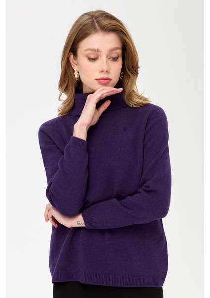 Kadın Tam Balıkçı Yaka Klasik Yün Kazak K.Mor