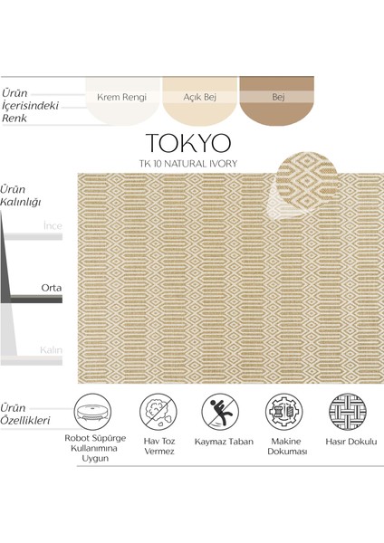 Tokyo 10 Natural Ivory Kaymaz Mutfak Halısı Koridor Halısı Dokuma Kilim Balkon Halısı fiyatları