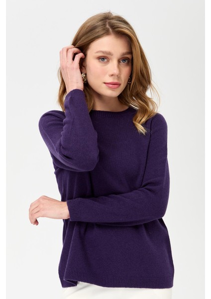 Kadın Sıfır Yaka Klasik Yün Kazak K.Mor modelleri