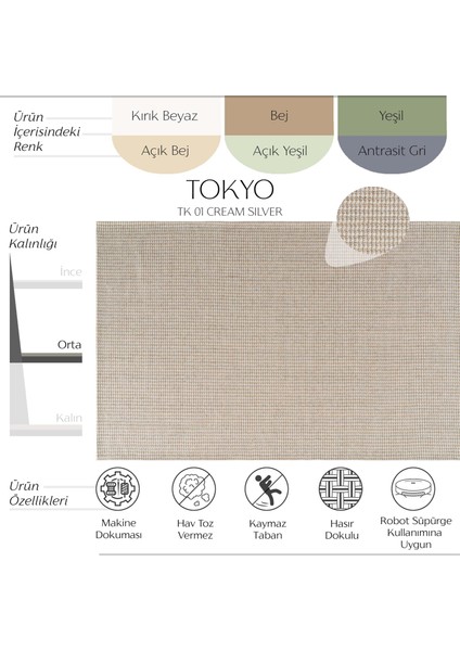 Tokyo 01 Krem Gümüş Kaymaz Mutfak Halısı Koridor Halısı Dokuma Kilim Balkon Halısı