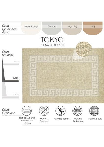 Tokyo 11 Natural Beyaz Kaymaz Mutfak Halısı Koridor Halısı Dokuma Kilim Balkon Halısı