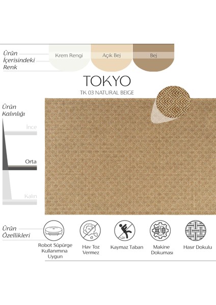 Tokyo 03 Natural Bej Kaymaz Mutfak Halısı Koridor Halısı Dokuma Kilim Balkon Halısı fiyatları