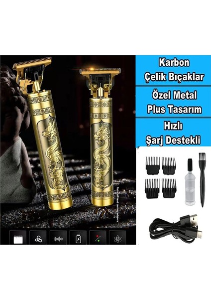 Chance Gift Yeni Seri Şarjlı Gold Ejderha Motifli T Jiletli Sıfır Kesim Imkanı Saç Sakal Kesme Traş Makinası