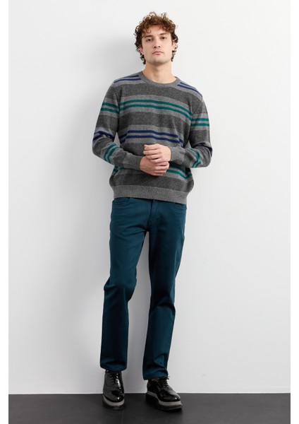 Erkek Sıfır Yaka Renkli Çizgili Klasik Yün Kazak Füme