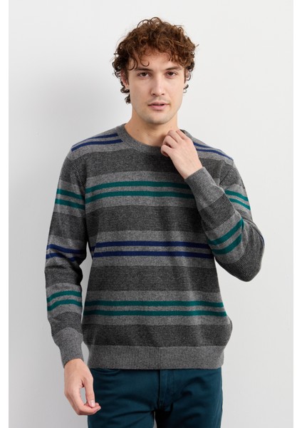Erkek Sıfır Yaka Renkli Çizgili Klasik Yün Kazak Füme fiyatları