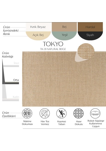 Tokyo 01 Natural Bej Kaymaz Mutfak Halısı Koridor Halısı Dokuma Kilim Balkon Halısı fiyatları