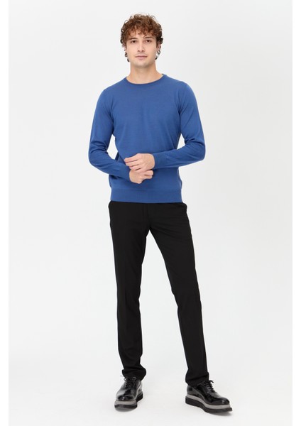 Erkek Basic Sıfır Yaka Ince Triko Kazak Indigo