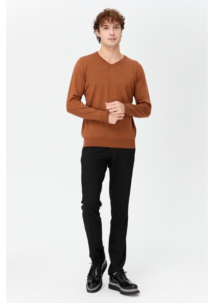 Erkek Basic V Yaka Ince Triko Kazak K.taba