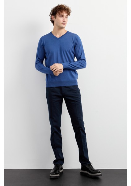 Erkek Basic V Yaka Ince Triko Kazak Indigo
