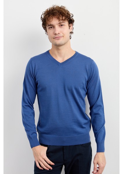 Erkek Basic V Yaka Ince Triko Kazak Indigo modelleri