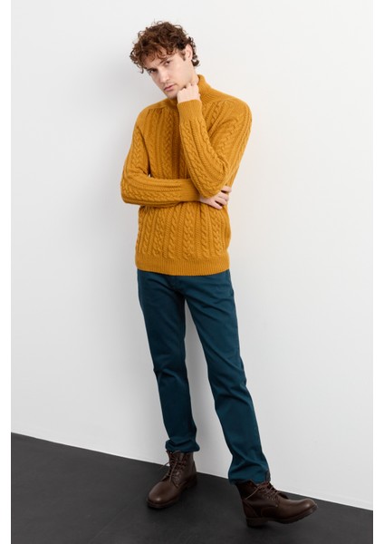 Erkek Balıkçı Yaka Saç Örgülü Yün Kazak Hardal