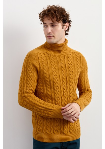 Erkek Balıkçı Yaka Saç Örgülü Yün Kazak Hardal fiyatları