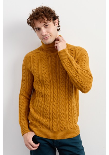 Erkek Balıkçı Yaka Saç Örgülü Yün Kazak Hardal modelleri