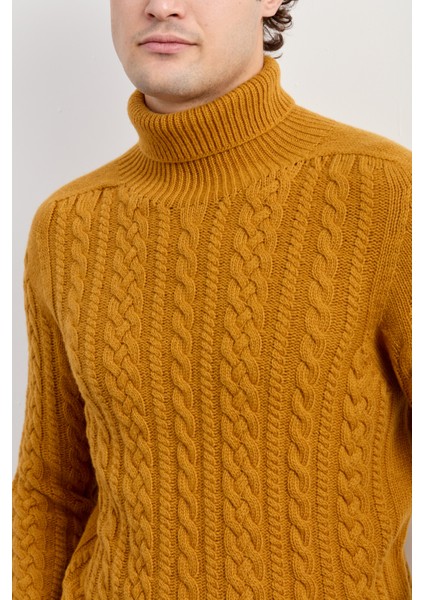 Erkek Balıkçı Yaka Saç Örgülü Yün Kazak Hardal fırsatları