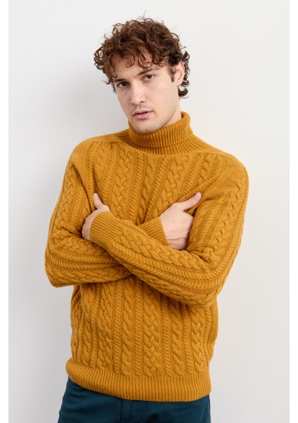 Erkek Balıkçı Yaka Saç Örgülü Yün Kazak Hardal indirimleri