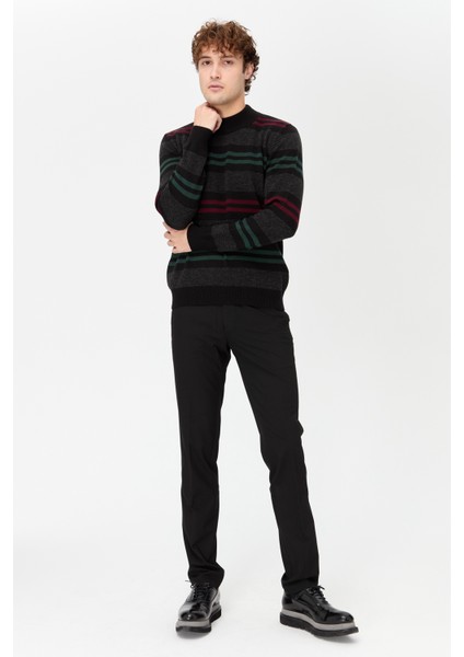 Erkek Yarım Balıkçı Yaka Renkli Çizgili Yün Kazak Siyah indirimleri