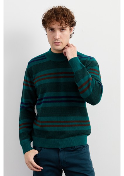 Erkek Yarım Balıkçı Yaka Renkli Çizgili Yün Kazak K.ö.başı