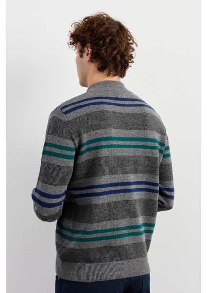 Erkek Yarım Balıkçı Yaka Renkli Çizgili Yün Kazak Füme