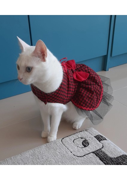 Kırmızı Siyah Kareli Papyonlu Dişi Kedi Köpek Kıyafeti Elbisesi Xlarge/xl/beden 4