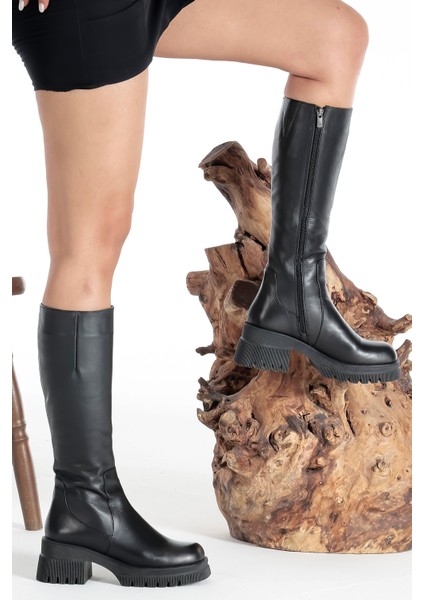 Hakiki Deri Günlük Dizaltı Kalın Taban Lastik Detaylı Çizme