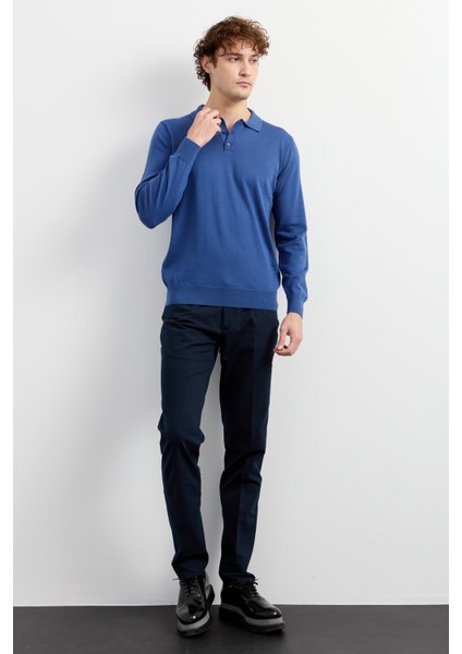 Erkek Basic Polo Yaka Ince Triko Kazak Indigo