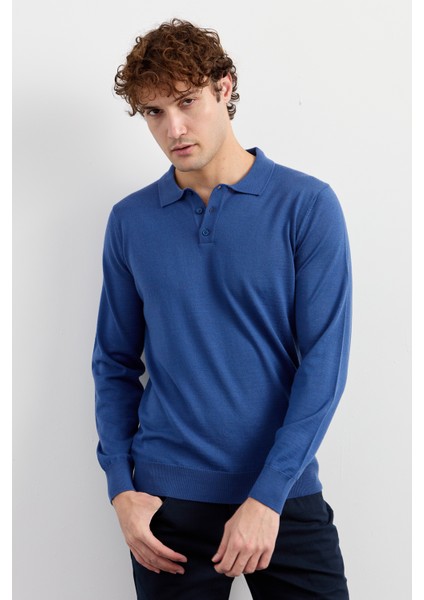 Erkek Basic Polo Yaka Ince Triko Kazak Indigo fiyatları