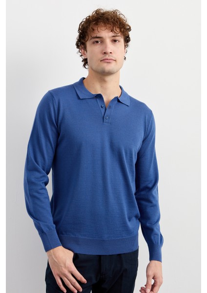 Erkek Basic Polo Yaka Ince Triko Kazak Indigo indirimleri