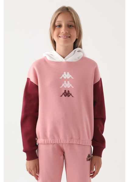 Pembe Garnili Kol Detaylı Kapüşonlu Kız Çocuk Sweatshirt