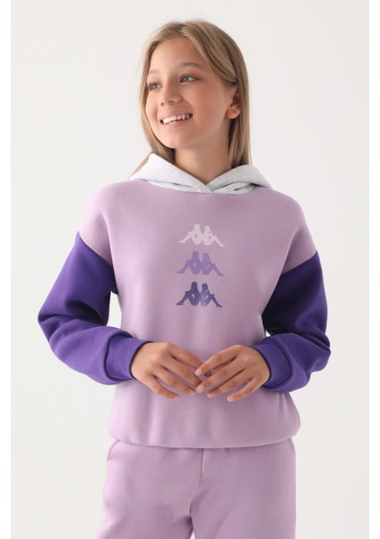 Lila Garnili Kol Detaylı Kapüşonlu Kız Çocuk Sweatshirt