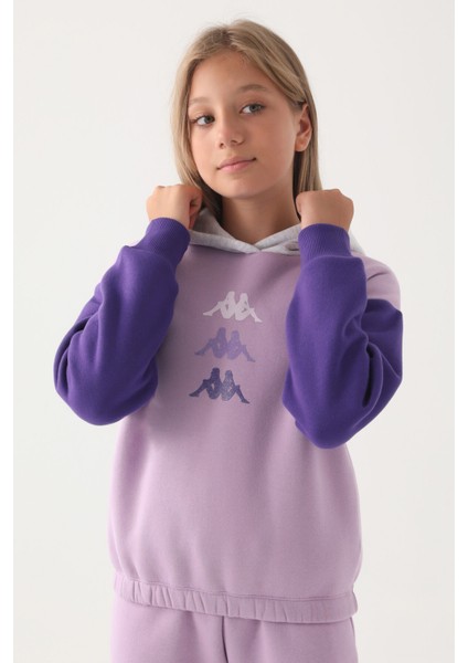 Lila Garnili Kol Detaylı Kapüşonlu Kız Çocuk Sweatshirt