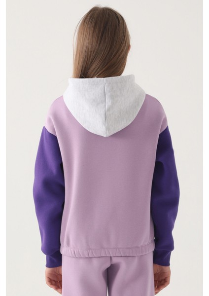 Lila Garnili Kol Detaylı Kapüşonlu Kız Çocuk Sweatshirt