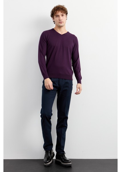 Erkek Basic V Yaka Ince Triko Kazak Mor