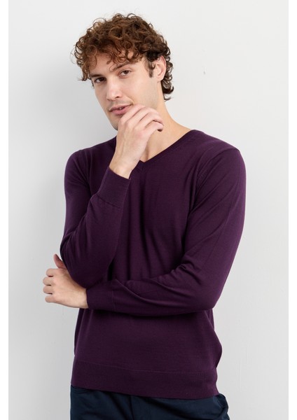 Erkek Basic V Yaka Ince Triko Kazak Mor fiyatları