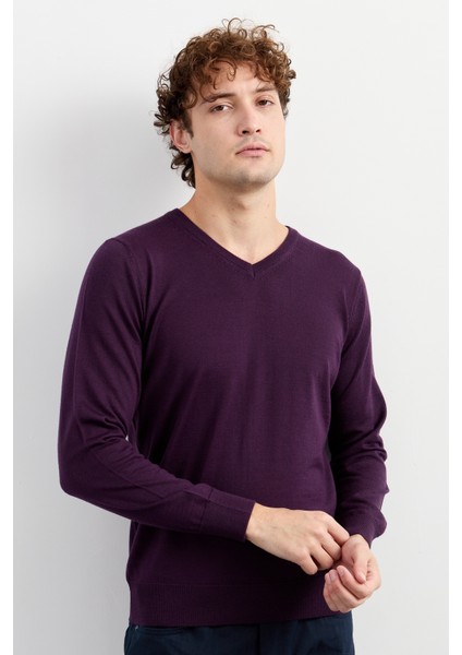 Erkek Basic V Yaka Ince Triko Kazak Mor modelleri