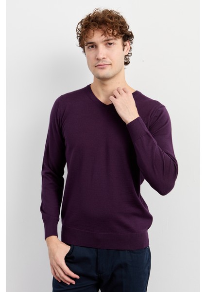Erkek Basic V Yaka Ince Triko Kazak Mor fırsatları