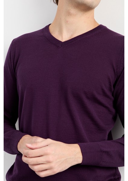 Erkek Basic V Yaka Ince Triko Kazak Mor indirimleri