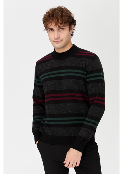 Erkek Yarım Balıkçı Yaka Renkli Çizgili Yün Kazak Siyah fiyatları