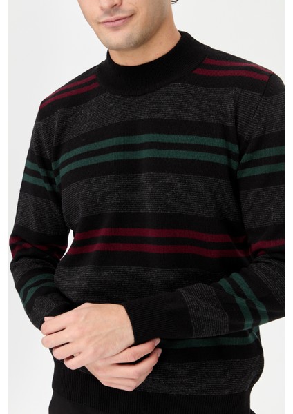 Erkek Yarım Balıkçı Yaka Renkli Çizgili Yün Kazak Siyah modelleri