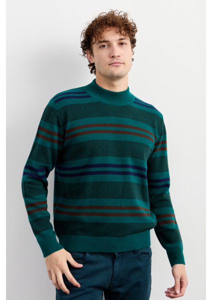 Erkek Yarım Balıkçı Yaka Renkli Çizgili Yün Kazak K.ö.başı