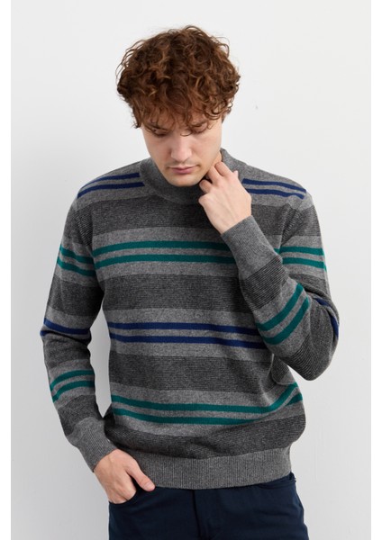 Erkek Yarım Balıkçı Yaka Renkli Çizgili Yün Kazak Füme