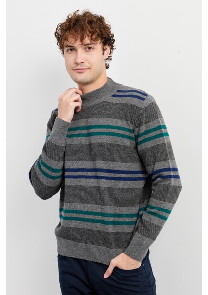 Erkek Yarım Balıkçı Yaka Renkli Çizgili Yün Kazak Füme modelleri