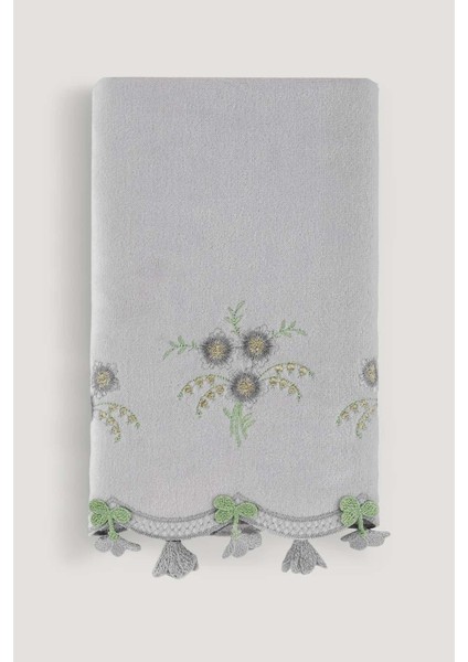 Küpelı Kadıfe Nakıslı Çeyız Havlusu Grı 50X85