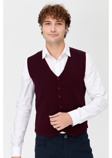 Erkek V Yaka Çift Renkli İnce Triko Yelek Bordo modelleri